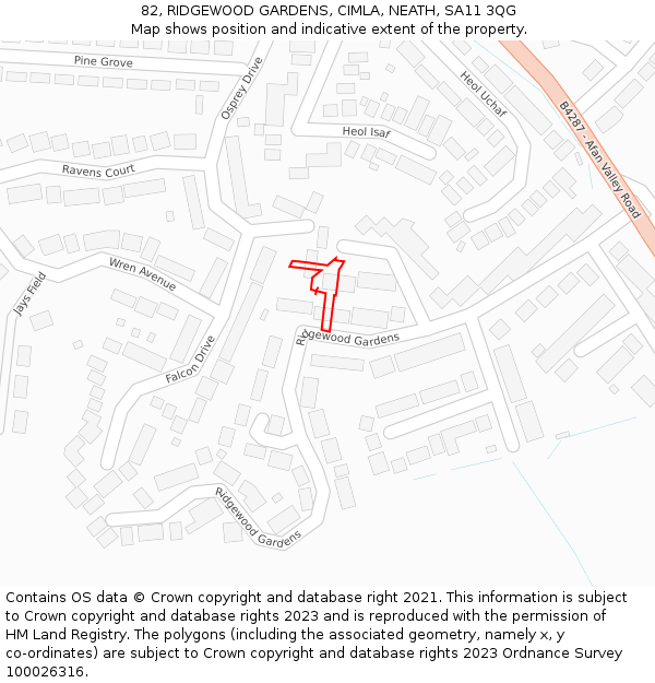 82, RIDGEWOOD GARDENS, CIMLA, NEATH, SA11 3QG: Location map and indicative extent of plot