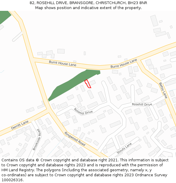 82, ROSEHILL DRIVE, BRANSGORE, CHRISTCHURCH, BH23 8NR: Location map and indicative extent of plot