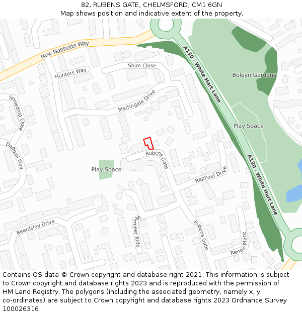 82, RUBENS GATE, CHELMSFORD, CM1 6GN: Location map and indicative extent of plot