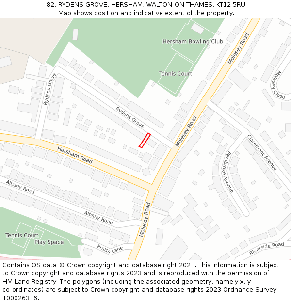 82, RYDENS GROVE, HERSHAM, WALTON-ON-THAMES, KT12 5RU: Location map and indicative extent of plot