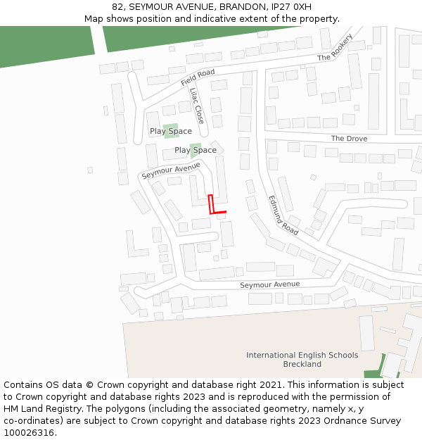 82, SEYMOUR AVENUE, BRANDON, IP27 0XH: Location map and indicative extent of plot