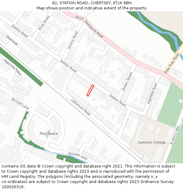 82, STATION ROAD, CHERTSEY, KT16 8BN: Location map and indicative extent of plot