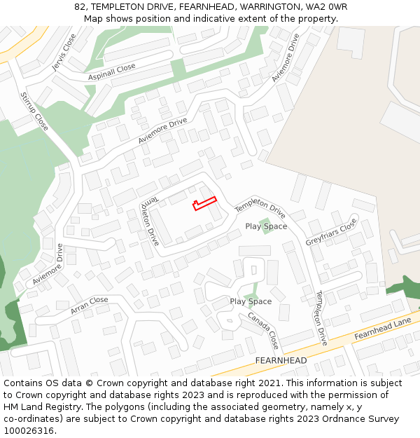 82, TEMPLETON DRIVE, FEARNHEAD, WARRINGTON, WA2 0WR: Location map and indicative extent of plot