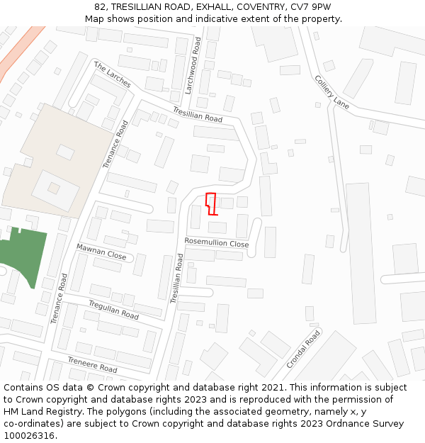 82, TRESILLIAN ROAD, EXHALL, COVENTRY, CV7 9PW: Location map and indicative extent of plot