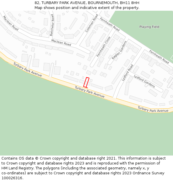 82, TURBARY PARK AVENUE, BOURNEMOUTH, BH11 8HH: Location map and indicative extent of plot