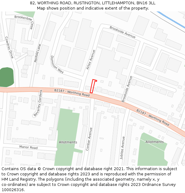 82, WORTHING ROAD, RUSTINGTON, LITTLEHAMPTON, BN16 3LL: Location map and indicative extent of plot