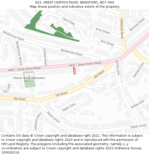 823, GREAT HORTON ROAD, BRADFORD, BD7 4AG: Location map and indicative extent of plot