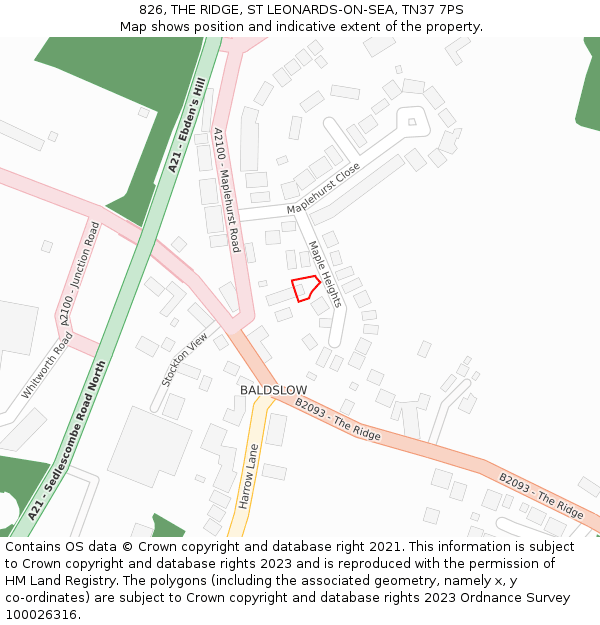 826, THE RIDGE, ST LEONARDS-ON-SEA, TN37 7PS: Location map and indicative extent of plot