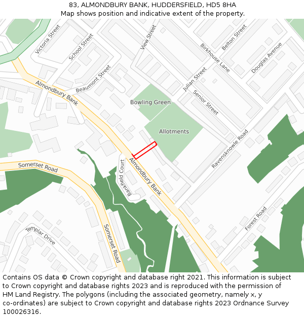 83, ALMONDBURY BANK, HUDDERSFIELD, HD5 8HA: Location map and indicative extent of plot