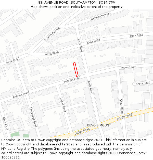 83, AVENUE ROAD, SOUTHAMPTON, SO14 6TW: Location map and indicative extent of plot