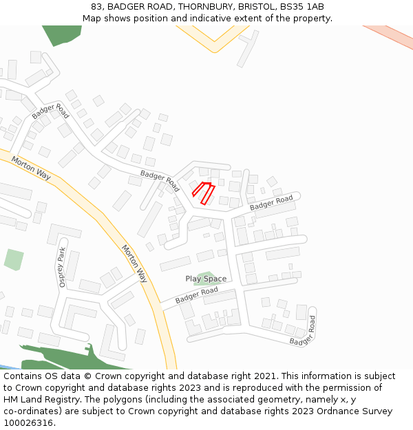 83, BADGER ROAD, THORNBURY, BRISTOL, BS35 1AB: Location map and indicative extent of plot