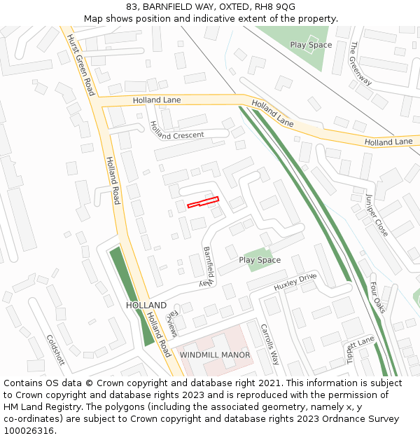 83, BARNFIELD WAY, OXTED, RH8 9QG: Location map and indicative extent of plot
