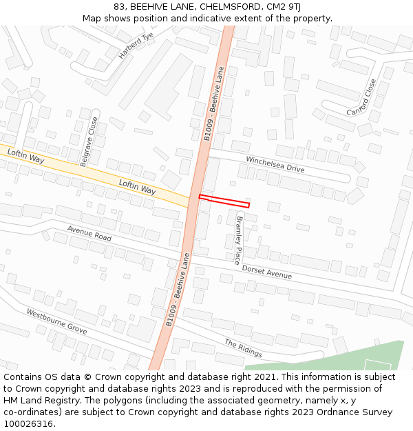 83, BEEHIVE LANE, CHELMSFORD, CM2 9TJ: Location map and indicative extent of plot