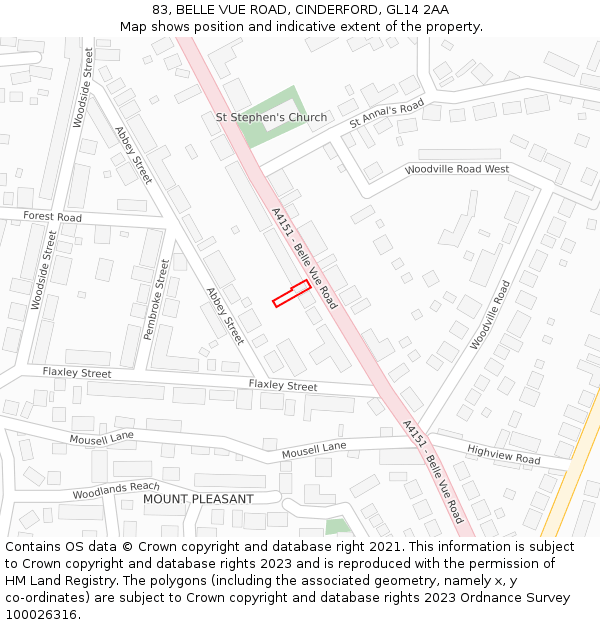 83, BELLE VUE ROAD, CINDERFORD, GL14 2AA: Location map and indicative extent of plot