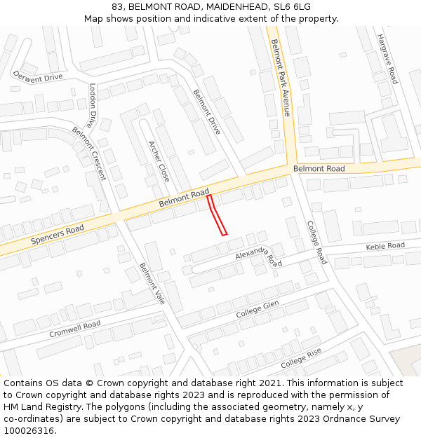 83, BELMONT ROAD, MAIDENHEAD, SL6 6LG: Location map and indicative extent of plot