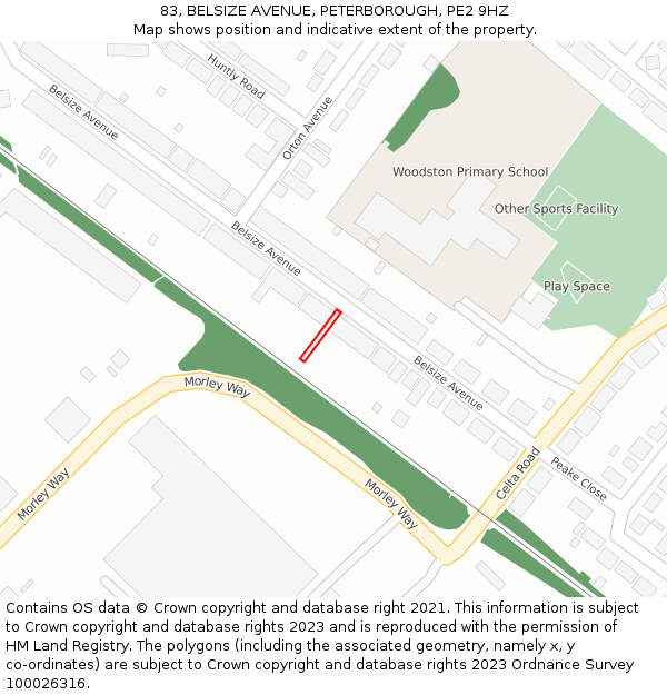 83, BELSIZE AVENUE, PETERBOROUGH, PE2 9HZ: Location map and indicative extent of plot