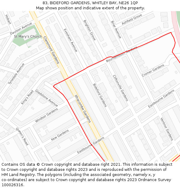 83, BIDEFORD GARDENS, WHITLEY BAY, NE26 1QP: Location map and indicative extent of plot