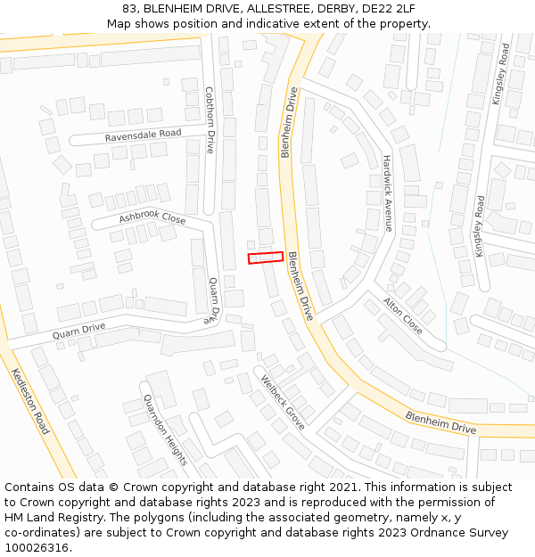 83, BLENHEIM DRIVE, ALLESTREE, DERBY, DE22 2LF: Location map and indicative extent of plot