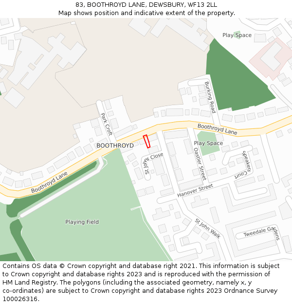 83, BOOTHROYD LANE, DEWSBURY, WF13 2LL: Location map and indicative extent of plot
