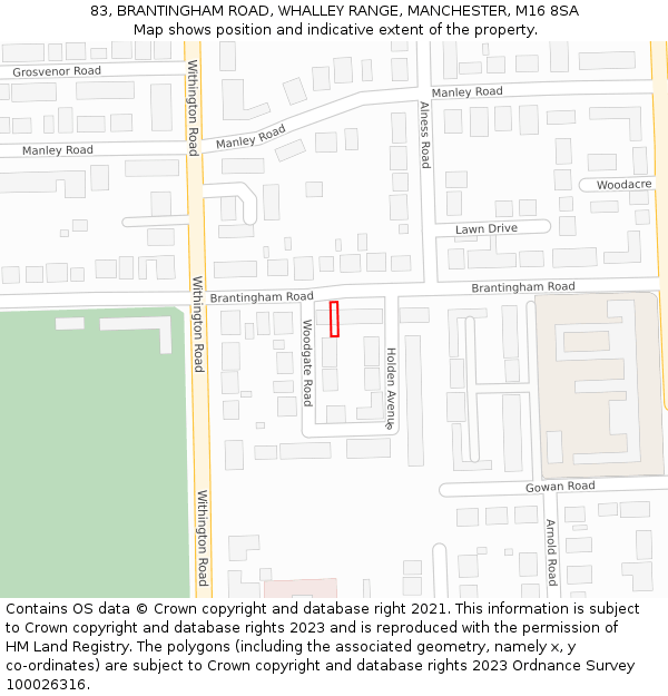 83, BRANTINGHAM ROAD, WHALLEY RANGE, MANCHESTER, M16 8SA: Location map and indicative extent of plot