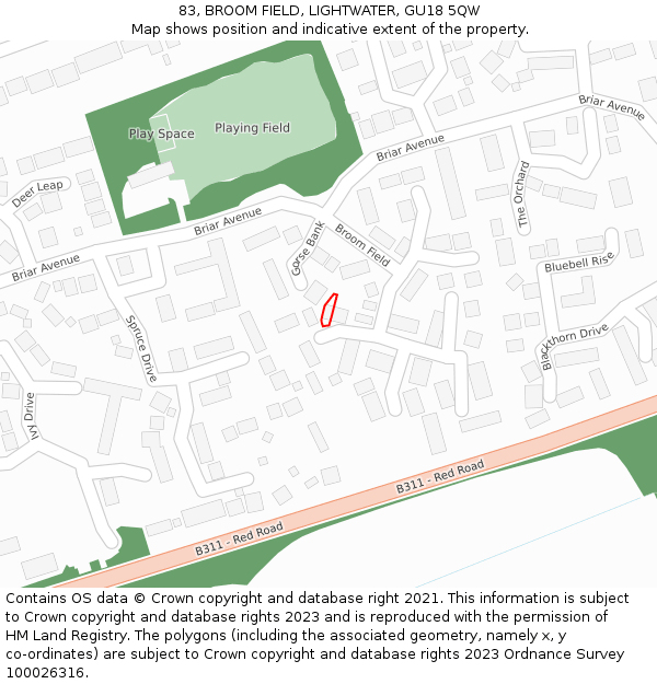 83, BROOM FIELD, LIGHTWATER, GU18 5QW: Location map and indicative extent of plot