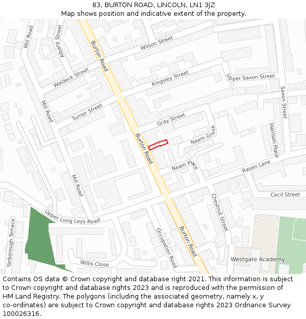83, BURTON ROAD, LINCOLN, LN1 3JZ: Location map and indicative extent of plot