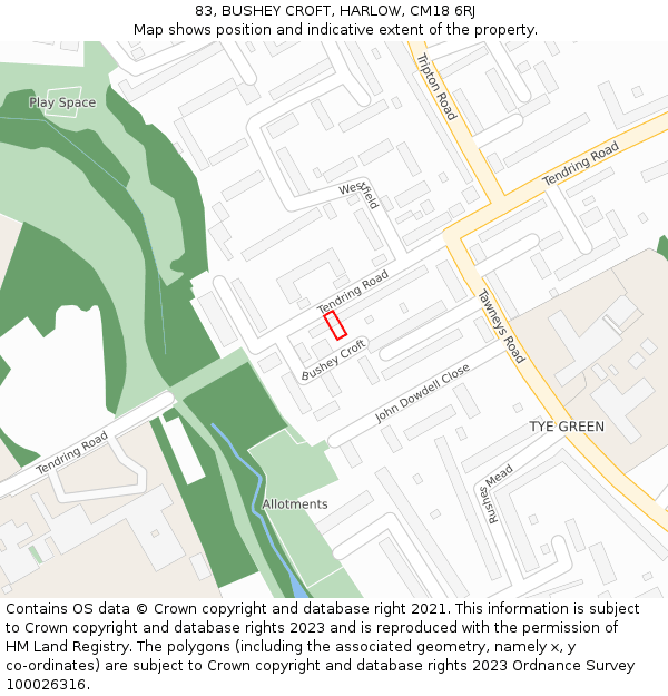 83, BUSHEY CROFT, HARLOW, CM18 6RJ: Location map and indicative extent of plot