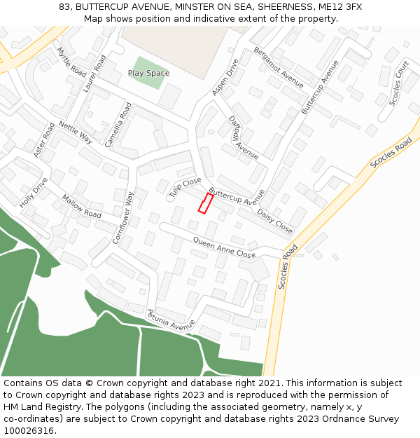 83, BUTTERCUP AVENUE, MINSTER ON SEA, SHEERNESS, ME12 3FX: Location map and indicative extent of plot