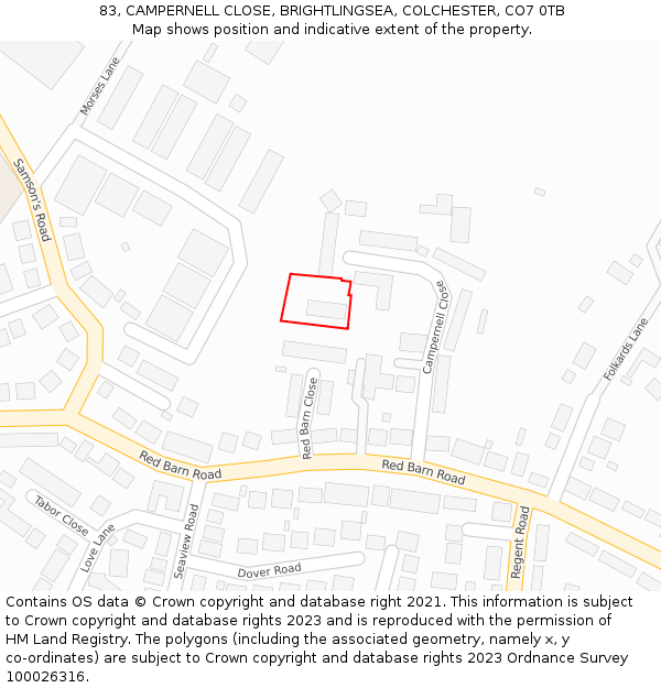 83, CAMPERNELL CLOSE, BRIGHTLINGSEA, COLCHESTER, CO7 0TB: Location map and indicative extent of plot