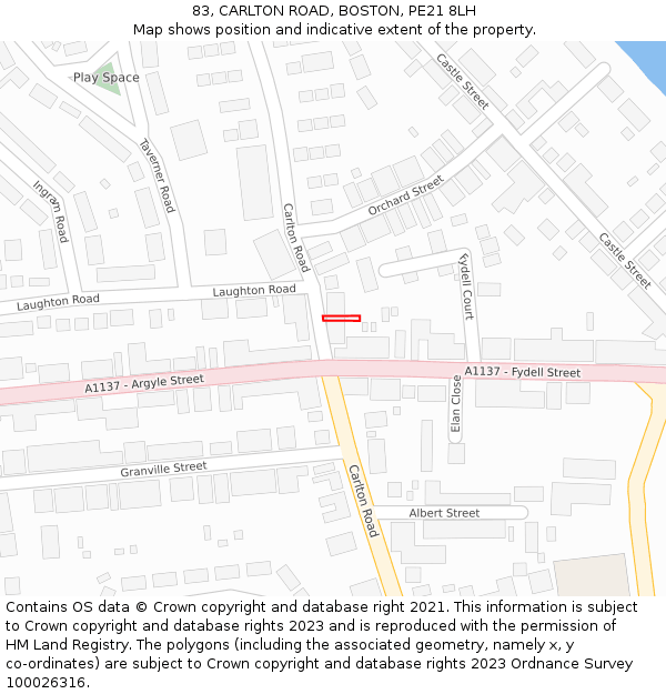83, CARLTON ROAD, BOSTON, PE21 8LH: Location map and indicative extent of plot