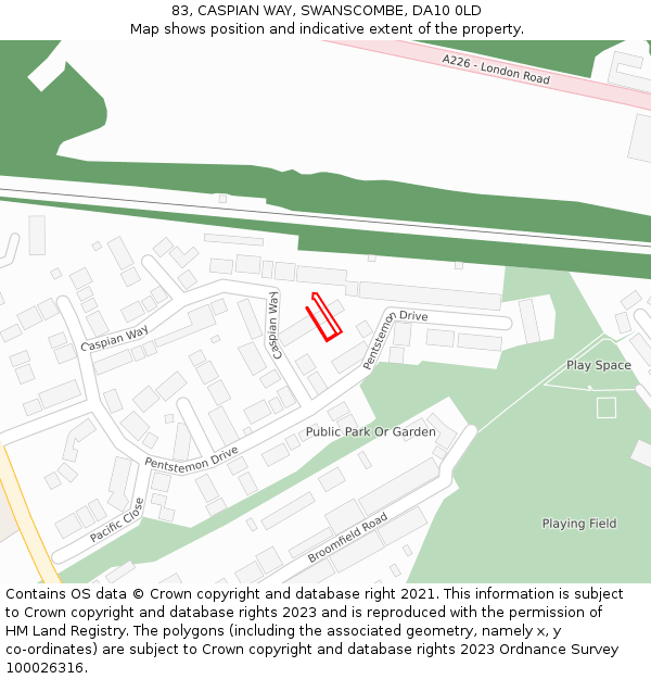 83, CASPIAN WAY, SWANSCOMBE, DA10 0LD: Location map and indicative extent of plot