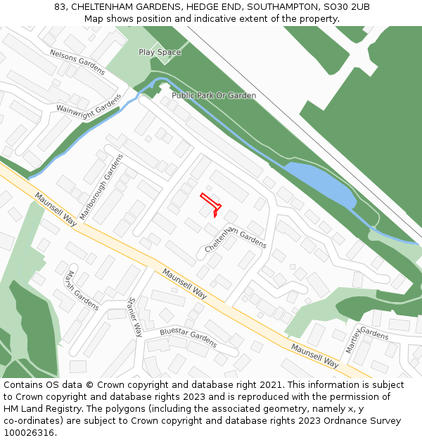 83, CHELTENHAM GARDENS, HEDGE END, SOUTHAMPTON, SO30 2UB: Location map and indicative extent of plot