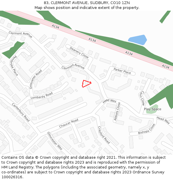 83, CLERMONT AVENUE, SUDBURY, CO10 1ZN: Location map and indicative extent of plot