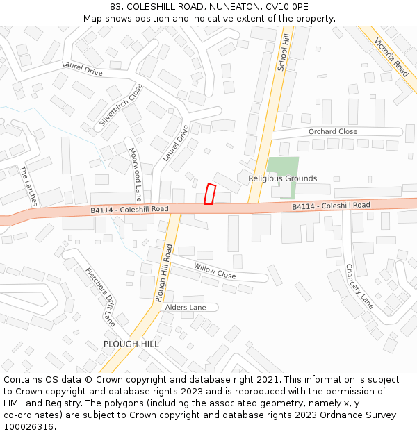 83, COLESHILL ROAD, NUNEATON, CV10 0PE: Location map and indicative extent of plot