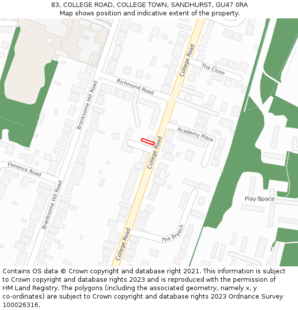 83, COLLEGE ROAD, COLLEGE TOWN, SANDHURST, GU47 0RA: Location map and indicative extent of plot