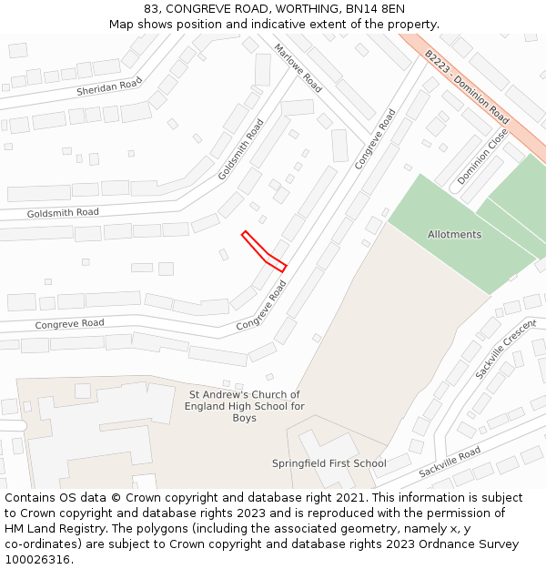 83, CONGREVE ROAD, WORTHING, BN14 8EN: Location map and indicative extent of plot