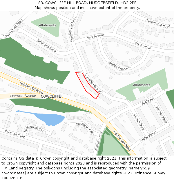 83, COWCLIFFE HILL ROAD, HUDDERSFIELD, HD2 2PE: Location map and indicative extent of plot