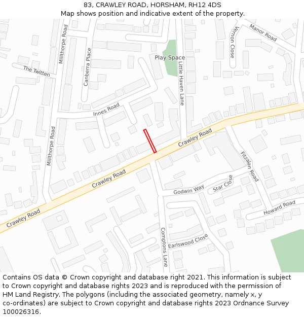 83, CRAWLEY ROAD, HORSHAM, RH12 4DS: Location map and indicative extent of plot