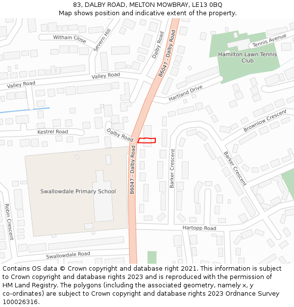 83, DALBY ROAD, MELTON MOWBRAY, LE13 0BQ: Location map and indicative extent of plot