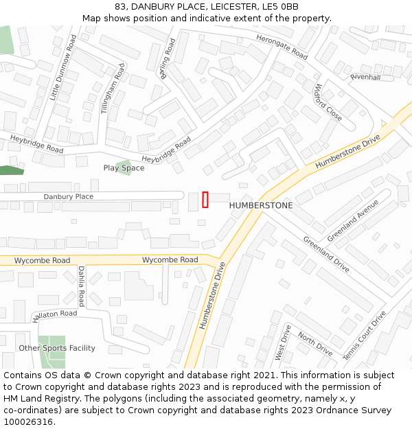 83, DANBURY PLACE, LEICESTER, LE5 0BB: Location map and indicative extent of plot