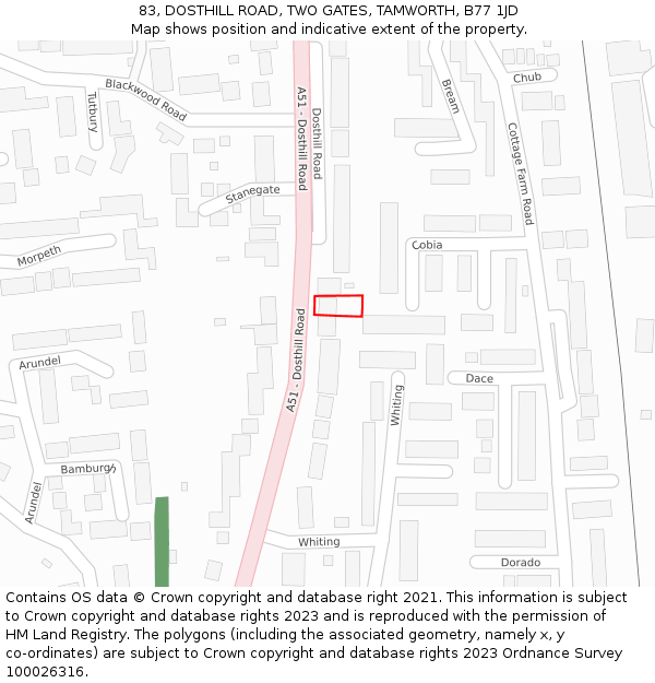 83, DOSTHILL ROAD, TWO GATES, TAMWORTH, B77 1JD: Location map and indicative extent of plot
