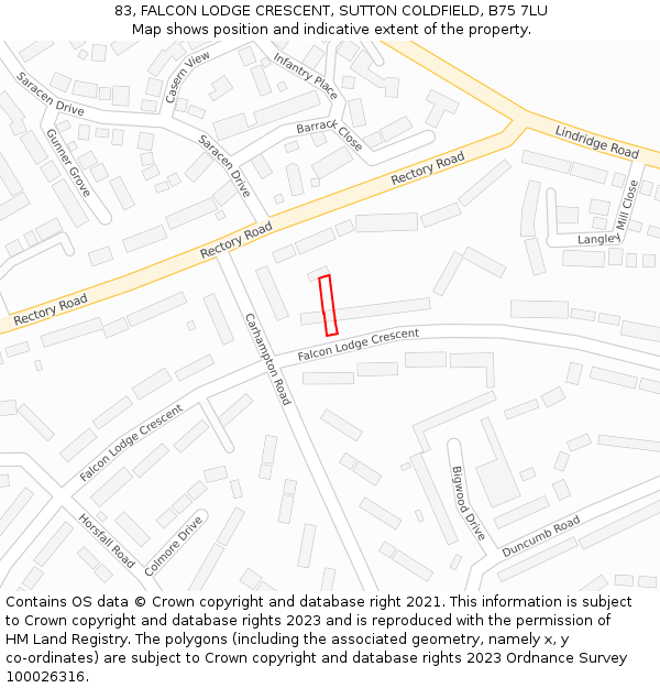83, FALCON LODGE CRESCENT, SUTTON COLDFIELD, B75 7LU: Location map and indicative extent of plot