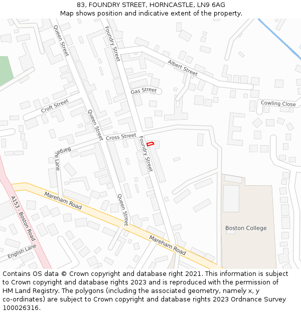 83, FOUNDRY STREET, HORNCASTLE, LN9 6AG: Location map and indicative extent of plot
