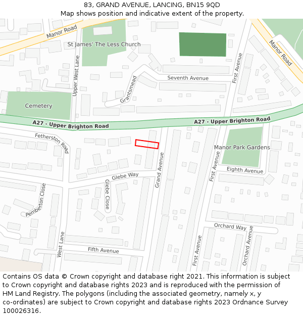 83, GRAND AVENUE, LANCING, BN15 9QD: Location map and indicative extent of plot