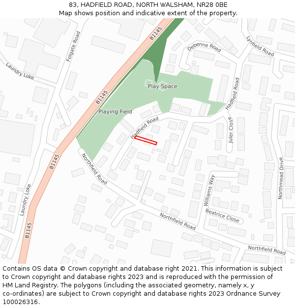83, HADFIELD ROAD, NORTH WALSHAM, NR28 0BE: Location map and indicative extent of plot