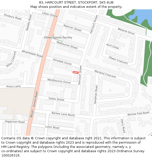 83, HARCOURT STREET, STOCKPORT, SK5 6UB: Location map and indicative extent of plot