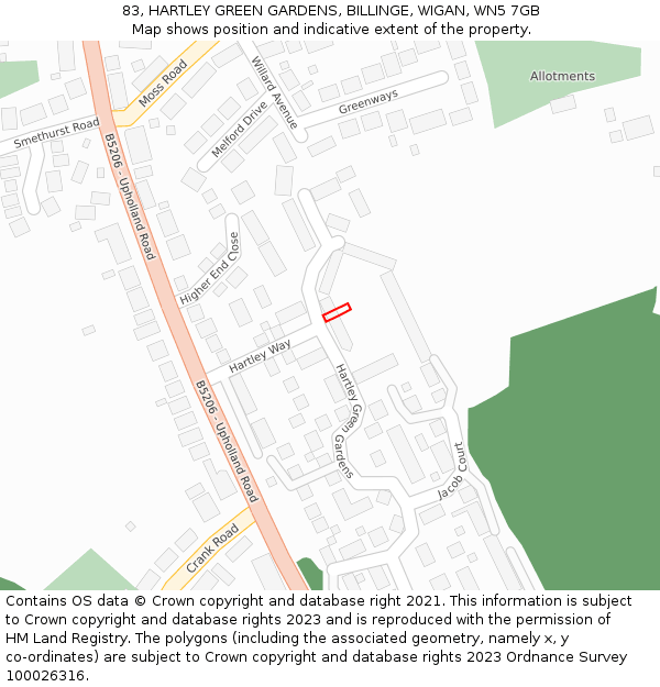 83, HARTLEY GREEN GARDENS, BILLINGE, WIGAN, WN5 7GB: Location map and indicative extent of plot