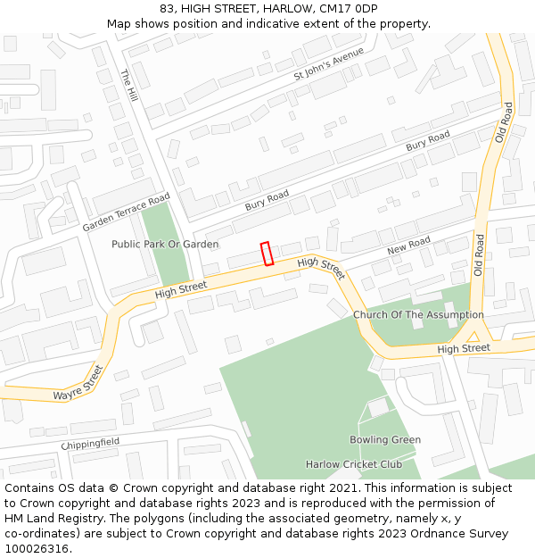 83, HIGH STREET, HARLOW, CM17 0DP: Location map and indicative extent of plot