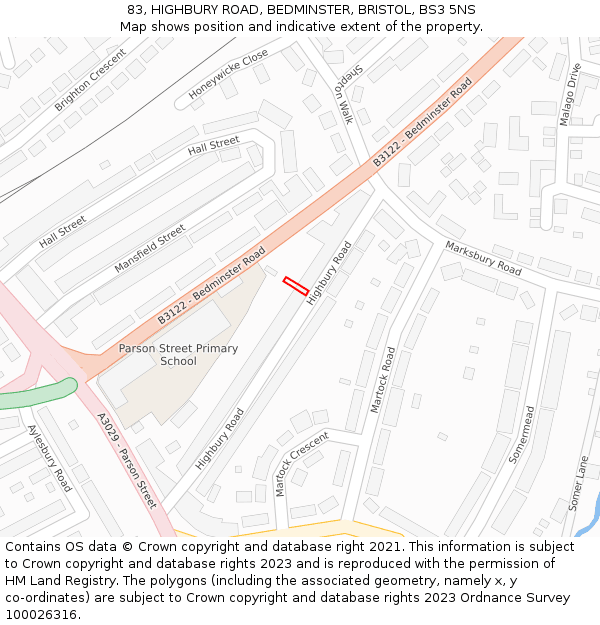 83, HIGHBURY ROAD, BEDMINSTER, BRISTOL, BS3 5NS: Location map and indicative extent of plot
