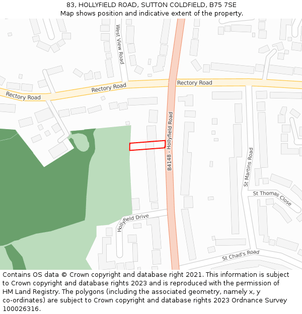 83, HOLLYFIELD ROAD, SUTTON COLDFIELD, B75 7SE: Location map and indicative extent of plot